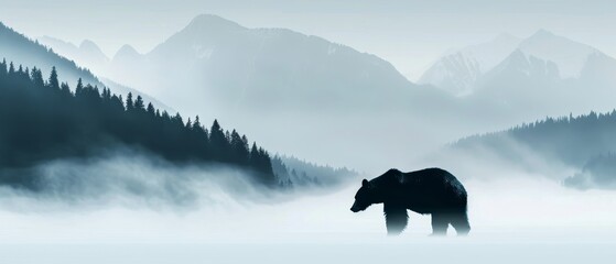 Enigmatic bear silhouette in a broad misty landscape, foggy hills, distant mountains, dense forest, serene and magical, symbolizing abundance