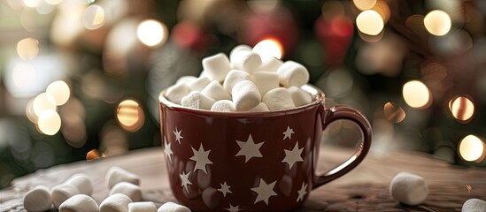 Marshmallows in a cup on wooden table with a Christmas background, featuring selective focus and a copy space image.