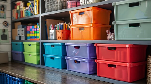Organized back to school storage room with neatly labeled bins, student supplies, and efficient layout, tidy and functional