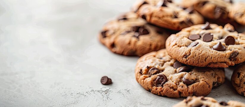 Selective focus highlights the left side of the image, featuring chocolate chip cookies or biscuits with an empty space for text or graphics. Copy space image. Place for adding text and design