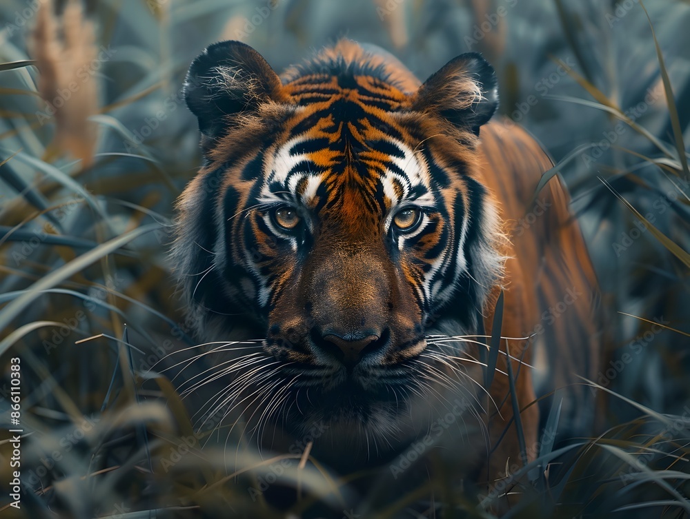 Sticker Fierce Tiger Prowling Through Tall Grass Intense and Focused Wildlife Concept