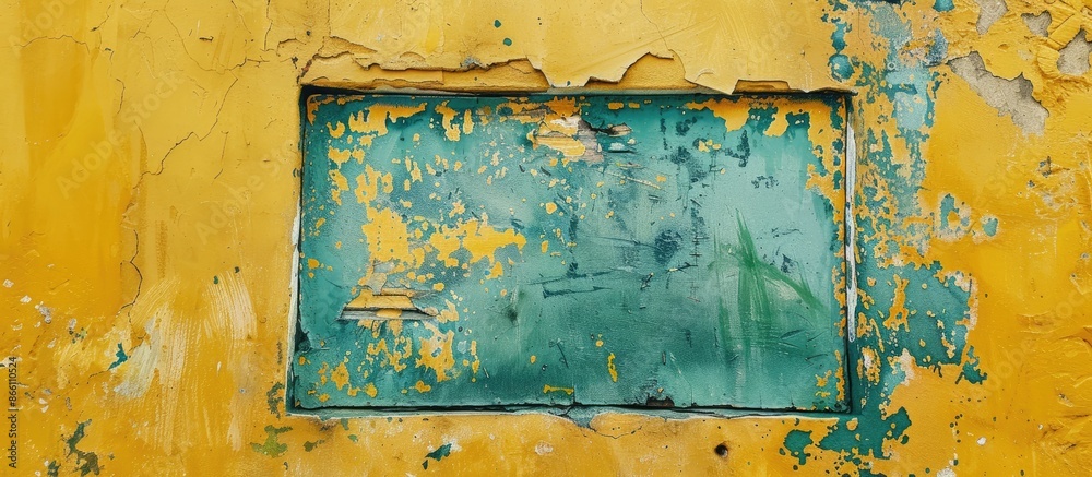 Poster empty space for text on abstract yellow wall with a green frame for a copy space image.