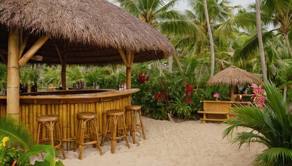 Fototapeta premium Tropical minimal cute house with a thatched roof, a tiki bar, and a hammock in a lush jungle setting