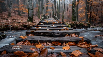 Rustic Wooden Bridge Over Autumn Covered Stream in Peaceful Forest Landscape