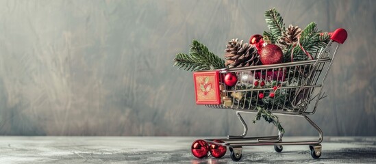 Christmas Sale items in a full shopping cart with copy space image on a grey background.