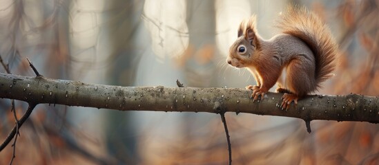 Obraz premium A European brown squirrel with a winter coat perched on a branch in the forest, showcasing a copy space image.