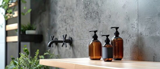 Bathroom products like shampoo, soap, and shower cream with a copy space image.