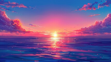 Obraz premium Stunning colorful sunset over the ocean with a beautiful sky, panoramic seascape, natural landscape background for design, banners, posters, and greeting cards. Captivating twilight hues and serene 