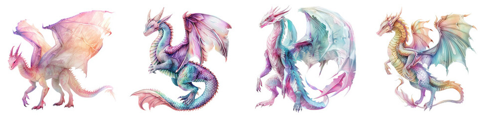 Fototapeta premium Colorful Dragons in Fantasy Art Style Transparent Background