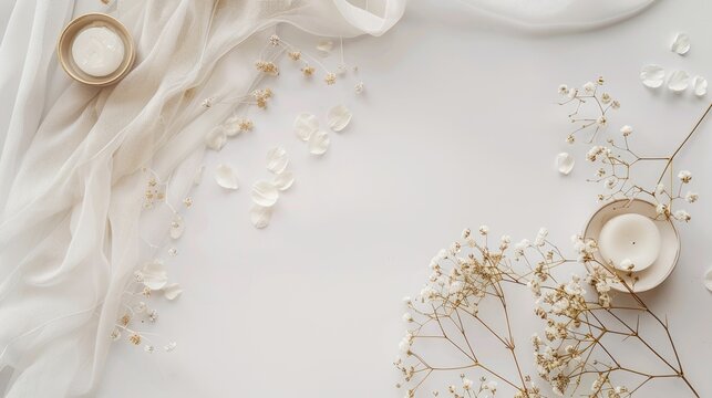 Minimalistic wedding decor flatlay on white backdrop