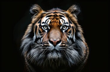 Fototapeta premium Close Up Portrait of a Majestic Tiger With Intense Eyes Against a Black Background