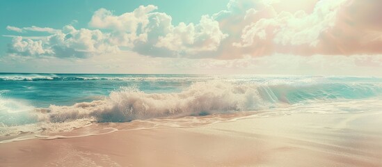 The concept of a summer vacation is portrayed in an outdoor adventure with a blurred tropical beach background of sunlit waves, blue skies, and white clouds, featuring a vintage color filter effect