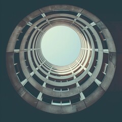 A circular modern building with an empty space in the center, looking up from below. An architectural photography in the style of modernism, featuring a wide angle shot of the architecture