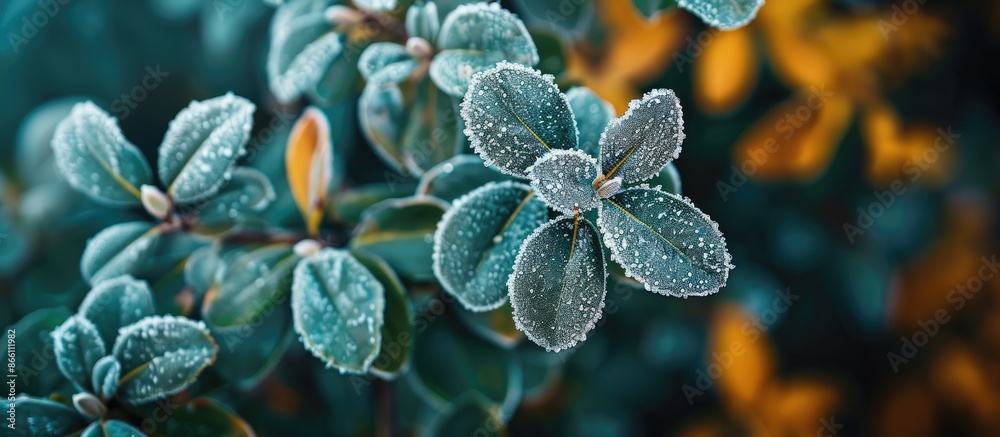 Wall mural Early winter setting with frost covering green plant leaves and yellow fallen foliage on a blurred background in a top-view copy space image.