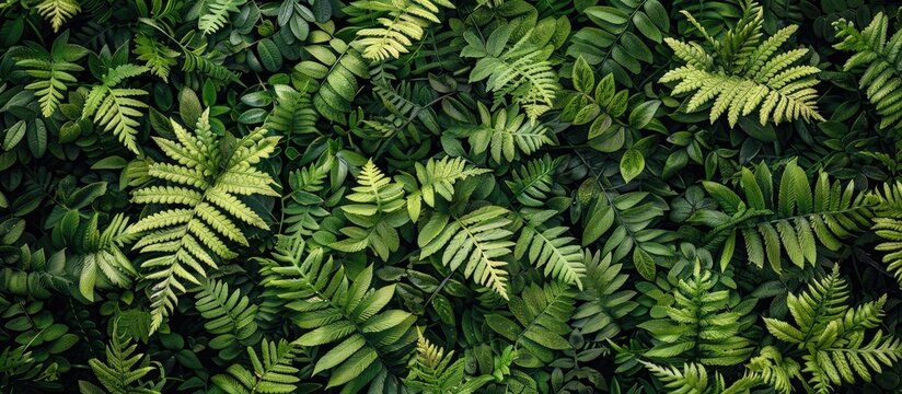 Horizontal background pattern of textured tassle ferns or green bushes with copy space image.