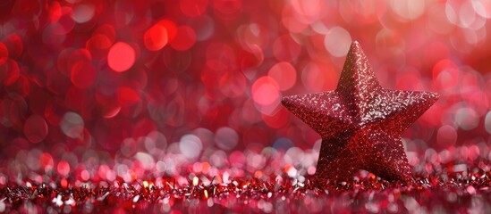 Luxurious Christmas star on a sparkly red backdrop exuding a festive New Year's mood for winter holidays and goal-setting with a festive and elegant copy space image.