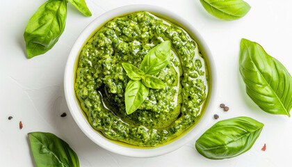 A bowl of pesto with fresh basil leaves is beautifully presented on a white surface