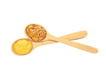 Different mustard in spoon isolated on white background with clipping path.