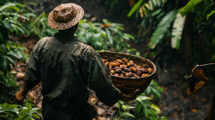 Man Carrying Cacao Pods in Lush Jungle