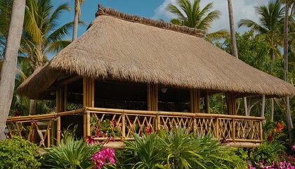 a tiki hut bar with colorful cocktails, beachfront seating, and island vibes