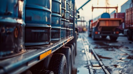 A close-up, detailed macro shot captures multiple oil drums being carefully loaded onto a truck, highlighting the industrial and logistical aspects of transportation