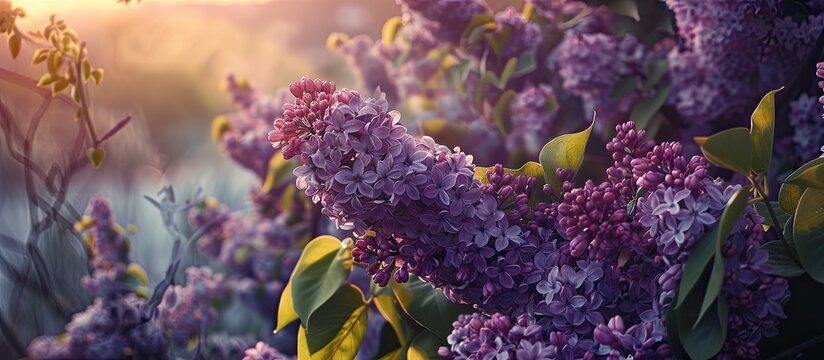 Northern European spring landscape featuring lilacs in bloom with copy space image.