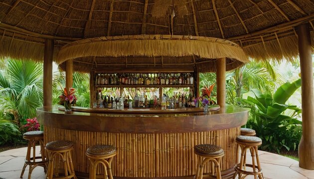 a tiki hut bar with colorful cocktails, beachfront seating, and island vibes
