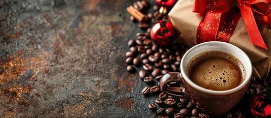 A festive Christmas gift box with a cup of coffee and coffee beans inside, portraying coffee as a delightful present with a well-presented copy space image.