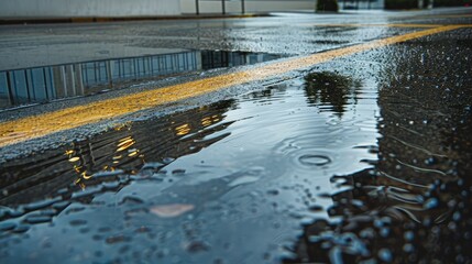 Reflection of rainwater on a ramp leading to an outdoor parking lot