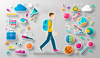 A student walking with his backpack and books surrounded by colorful icons