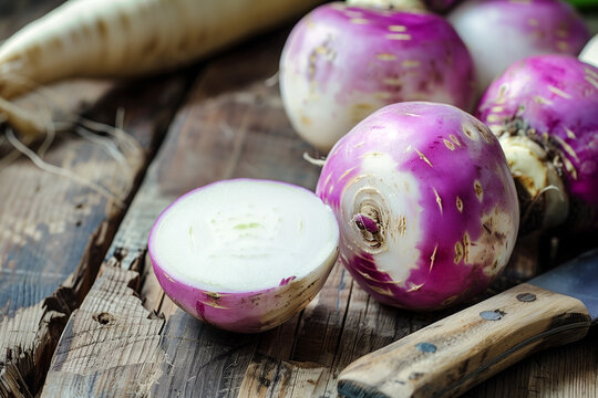 White and purple turnip on wooden rustic style table with one of it already sliced half. Generative AI