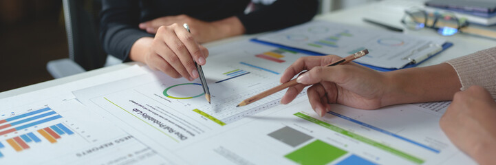 Two businesswomen meet, discuss, brainstorm, point at graphs and charts to analyze online market data, calculate balance sheets, accounts, net profit to plan company sales strategies. © crizzystudio