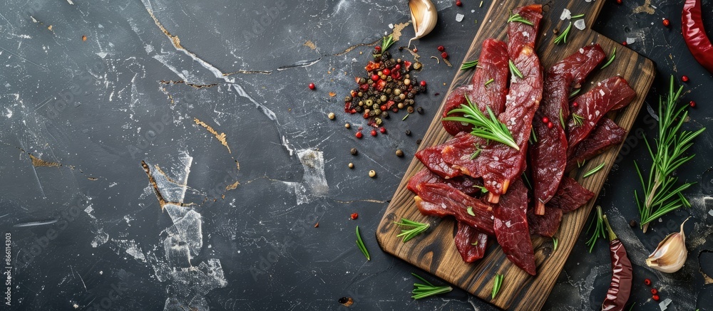 Wall mural Thinly sliced beef tenderloin jerky, or basturma, adorned with dry rosemary, pepper mix, chili, and garlic, presented on a wooden board against a stone backdrop with copy space image, captured from