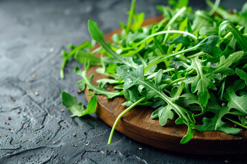 Arugula or rucola leaves on wooden plate, healthy green salad. Generative AI
