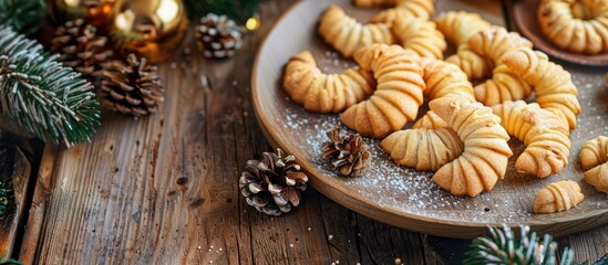 Fototapeta premium Homemade Vanilla crescent Christmas cookies displayed on a rustic plate with festive decorations on an old wooden background. Festive holiday baking concept with copy space image.