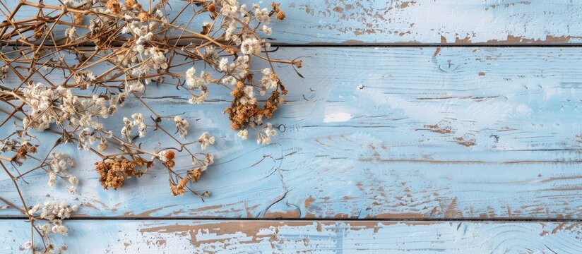 Bird's-eye view of a stunning flat lay on a rustic white and blue wooden backdrop adorned with dry yipso flowers, providing an area for text or message alongside the image. Copy space image