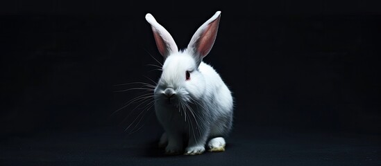 A white rabbit stands alone on a black background, with ample copy space image available for text or other elements.