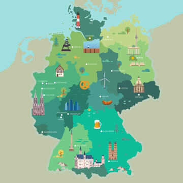 Stylized map of Germany. Travel illustration with German landmarks.