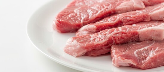 Close-up photograph of raw pork meat on a white plate, perfect for a special diet, with copy space image.