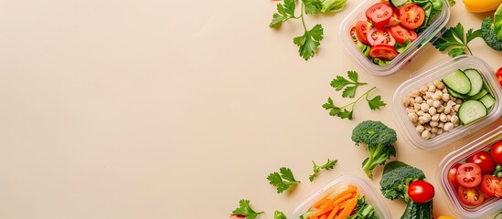 Beige background with eco-friendly food containers in a flat lay setup for a banner design with ample copy space image.