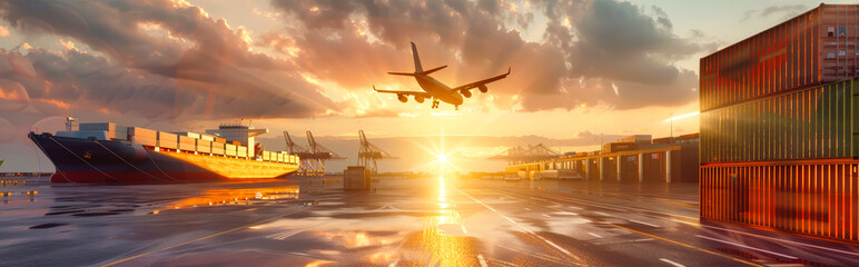 Fototapeta premium A cargo ship, a plane, and containers all blend against a backdrop of a fiery sunset, capturing the essence of global trade and movement