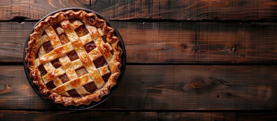A delicious homemade quince pie displayed on a wooden surface from a bird's eye view, allowing for text to be added in the empty area within the image. Copy space image