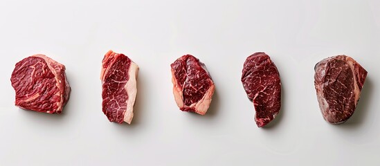 A selection of premium steak cuts, including Wagyu rib eye and Angus Machete, Striploin, Rib eye, Tenderloin filet mignon, displayed in a copy space image.