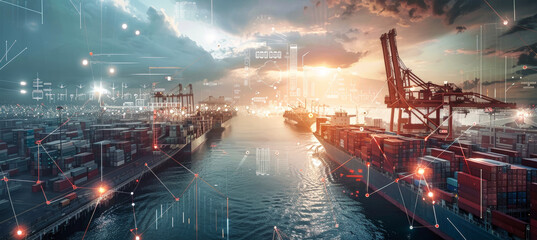 A cargo ship sits in a busy port at sunrise, with digital lines and data points overlayed on the image