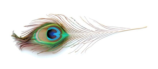 Obraz premium Peacock feather with vibrant colors displayed on a white background, providing copy space image.