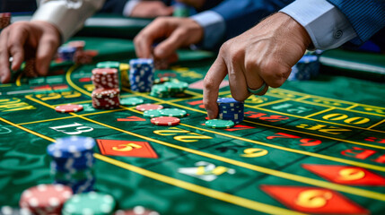 A close-up view of a casino players hand as they strategically place chips on the roulette table, hoping for a lucky spin