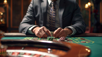 A casino player meticulously places his bets on the roulette table, his focus unwavering as he seeks fortune in a dimly lit, opulent setting