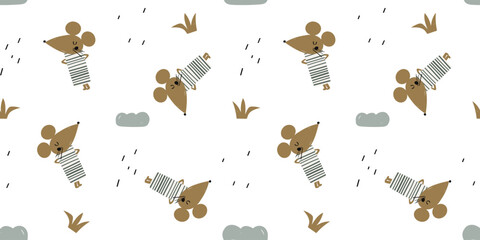 Cute mouse seamless pattern. animal cartoon character. flat vector illustration. Template for Notebook covers, pattern for wallpapers, textile or nature background. childish motifs. kids background.