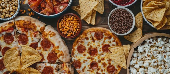 An array of unhealthy fast food options like pizza, popcorn, chips, and sweets, seen from above with a clear area for text or image insertion. Copy space image. Place for adding text and design © Ilgun