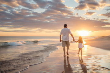 Fototapeta premium Father and his young daughter are enjoying a peaceful moment together, walking hand in hand along a sandy beach at sunset